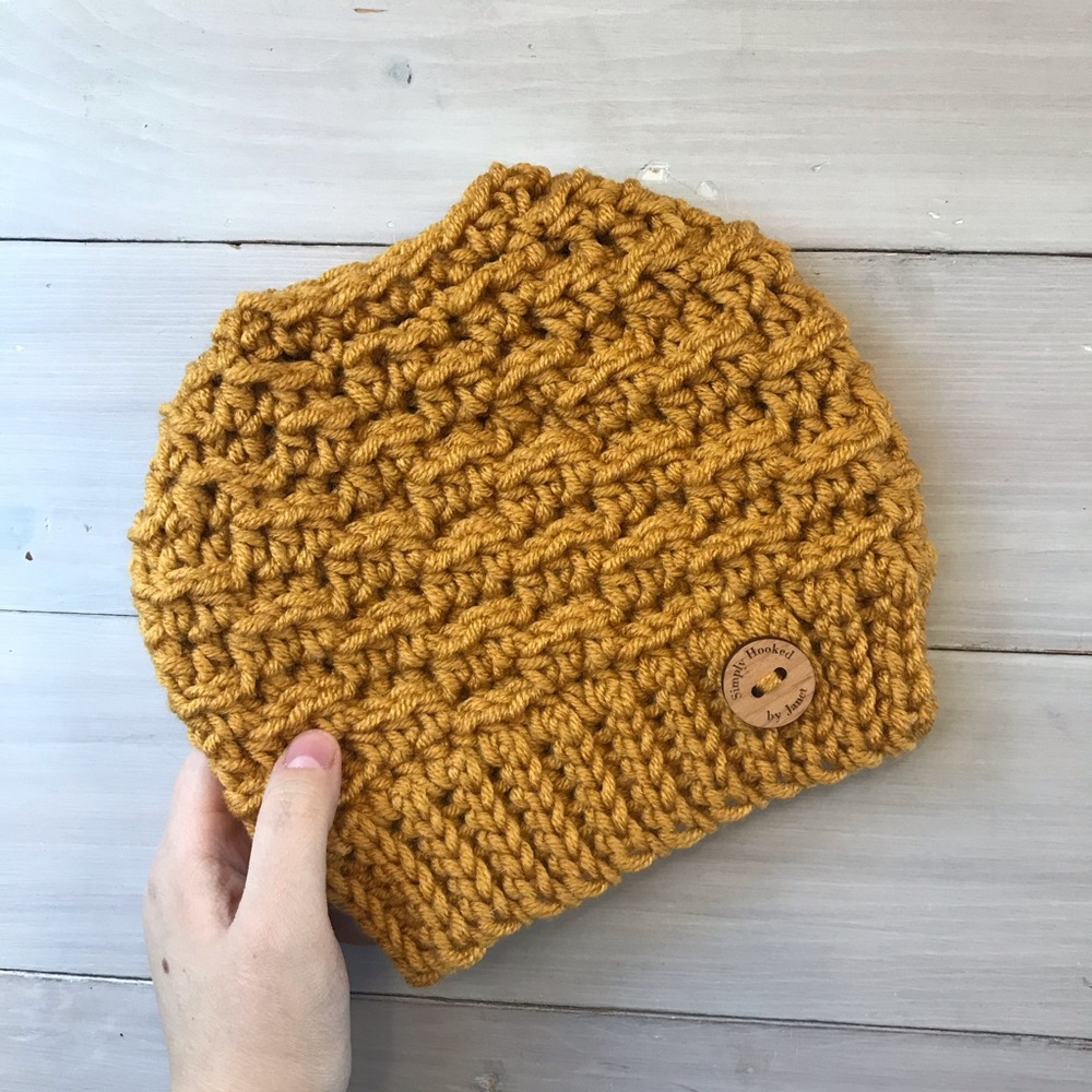 Mustard Gold Adult Crochet Messy Bun Hat Beanie